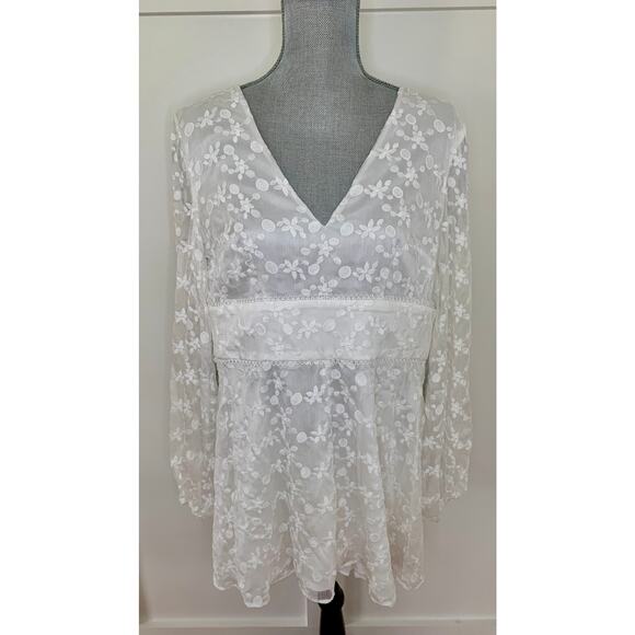 Keepsake Romper in White Medium Chiffon Floral Embroidered Lace Trim Classic